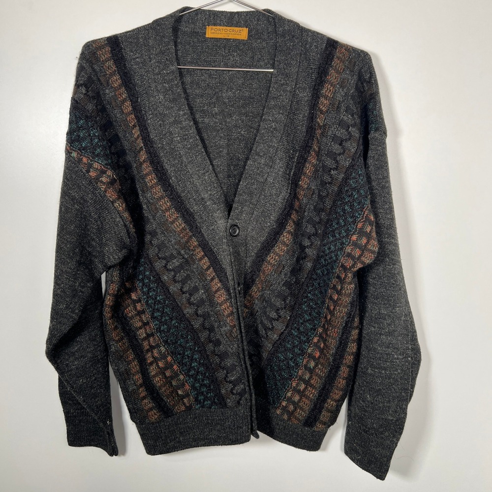 Vintage Porto Cruz‎ Charcoal Geometric Wool Blend Cardigan Grandpa Sweater Large